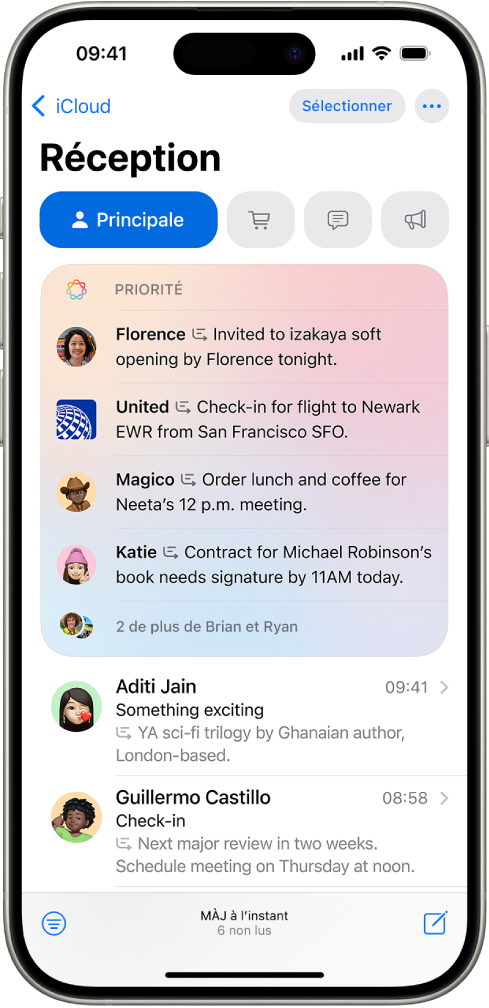 Interface Apple Mail avec r&eacute;sum&eacute;s IA g&eacute;n&eacute;r&eacute;s automatiquement